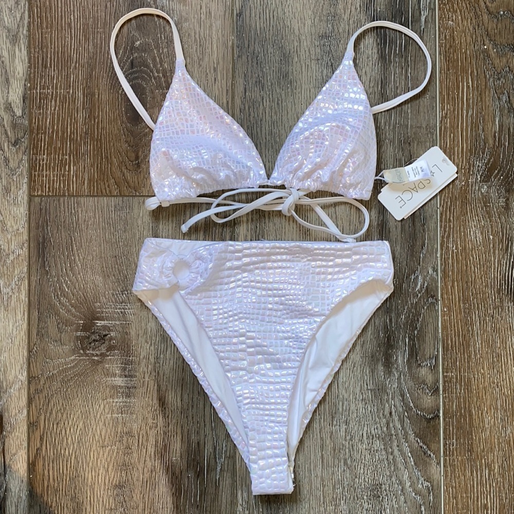Shimmer High-Waist Bikini Set in Iridescent White